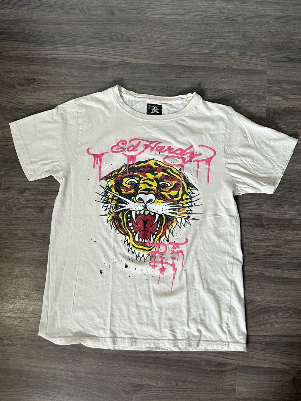 Ed Hardy Off White Cream Tee with Pink Script and Sparkly Tiger Graphic